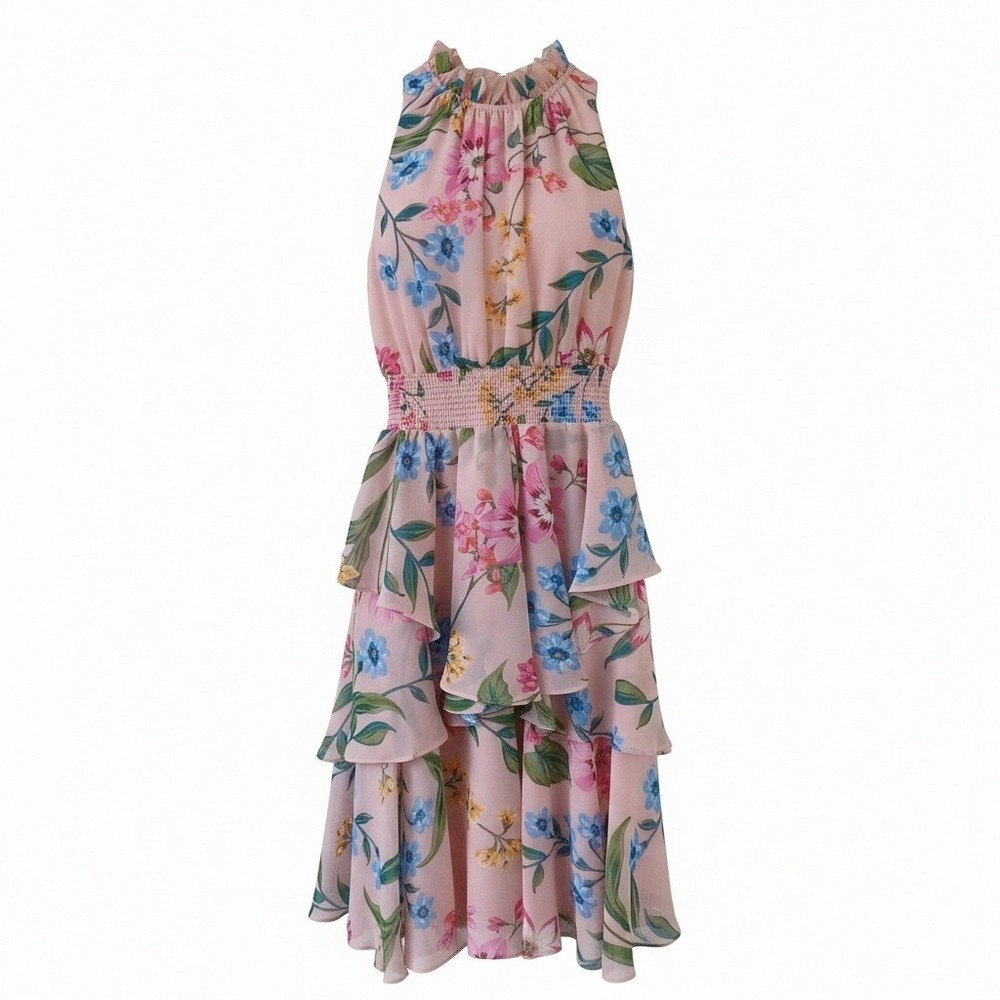 Eliza J Pink Floral Chiffon Tiered Ruffle Sleeveless Smocked Waist Dress Size‎ 2